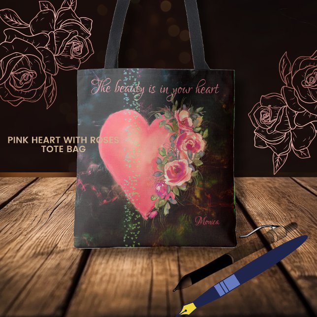 Vacker rosa hjärta svart toteväska tygkasse (Beautiful Pink Heart black Tote Bag)