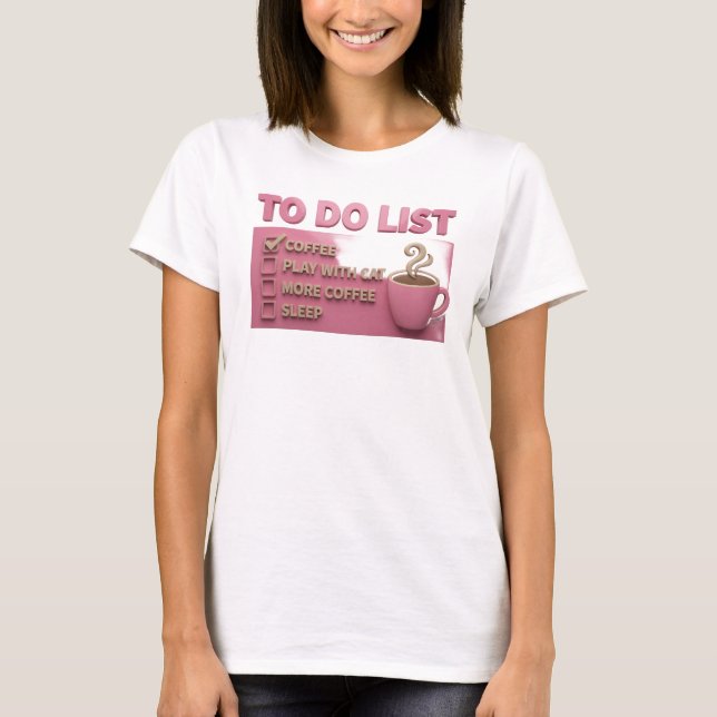 Vacker Rosa KAFÉ LEK MED KATT T Shirt (Framsida)