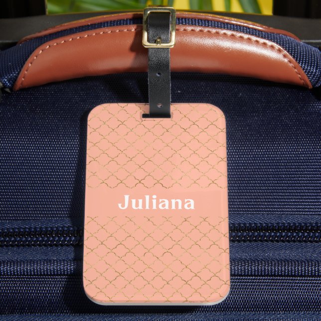 Vacker rosa korallguld fyrklöver personlig  bagagebricka (Framsida Insitu 2)