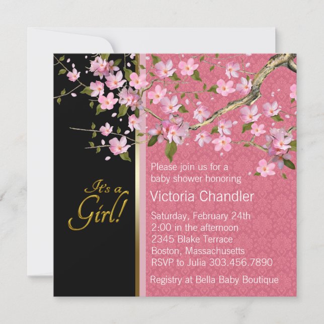 Vacker rosa körsbärsblom Baby Shower Inbjudningar (Framsida)