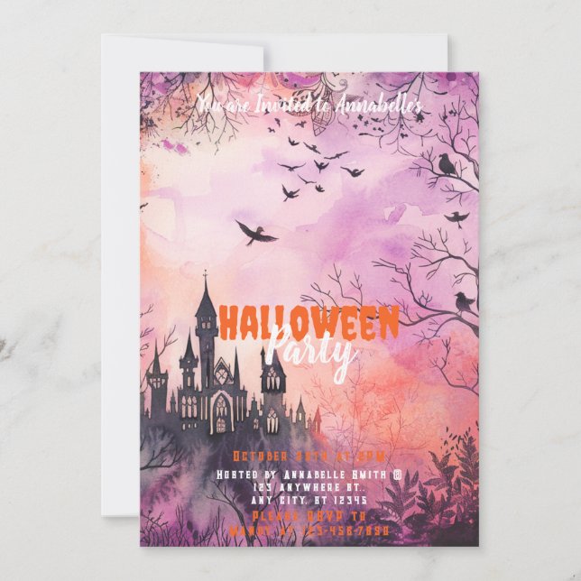 Vacker Rosa Lila Spök Halloween-fest Inbjudningar (Framsida)
