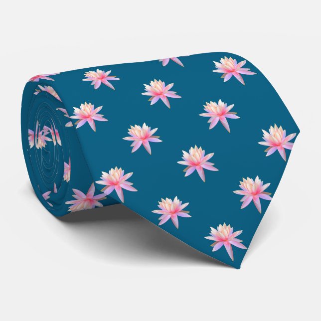 Vacker rosa lilja lotusblomma mönster på blå slips (Rullad)