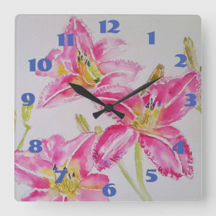 Vacker Rosa Lily Liljor Akvarell Konst Blomma Fyrkantig Klocka