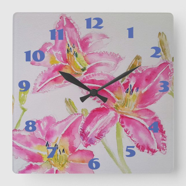 Vacker Rosa Lily Liljor Akvarell Konst Blomma  Fyrkantig Klocka (Framsida)