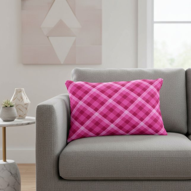 Vacker rosa magenta rutig accentkudde prydnadskudde (Beautiful Pink Magenta Plaid Accent Pillow on a sofa in a living room.)