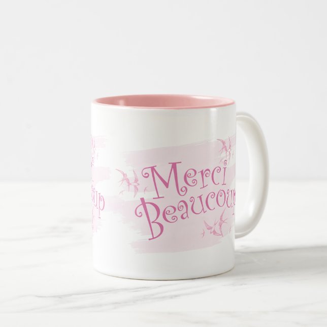 Vacker rosa "Merci Beaucoup" Tack-gåva-mugg Två-Tonad Mugg (Framsida höger)