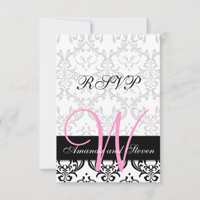 Vacker rosa monogram bröllops-svarskort med damask OSA kort (Framsida)