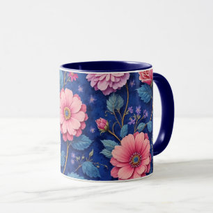 Vacker rosa och blå blommig mönster mugg