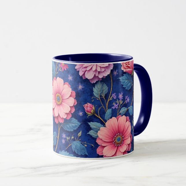 Vacker rosa och blå blommig mönster mugg (Framsida höger)