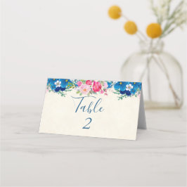 Vacker rosa och blå blomsterkant bröllop placeringskort