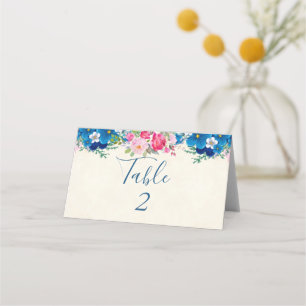 Vacker rosa och blå blomsterkant bröllop placeringskort