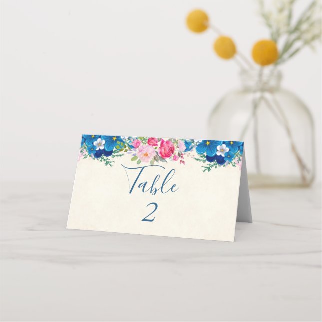 Vacker rosa och blå blomsterkant bröllop placeringskort (Framsida)
