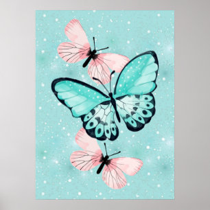 Vacker Rosa och blå fjärilar Poster