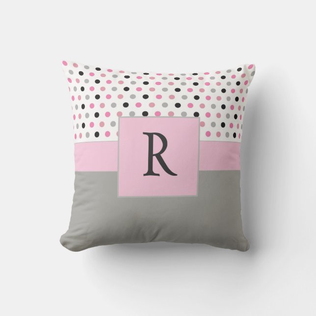 Vacker Rosa och Grått Monogram Polkadots Kudde (Framsida)