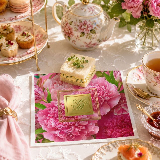  Vacker Rosa och Grön Blommig Monogramfest  Pappersservett (Devine Pink and Green Floral Personalized Party Napkins )