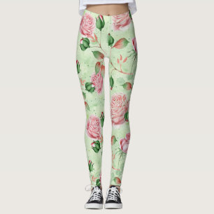 Vacker rosa och grön blomster leggings