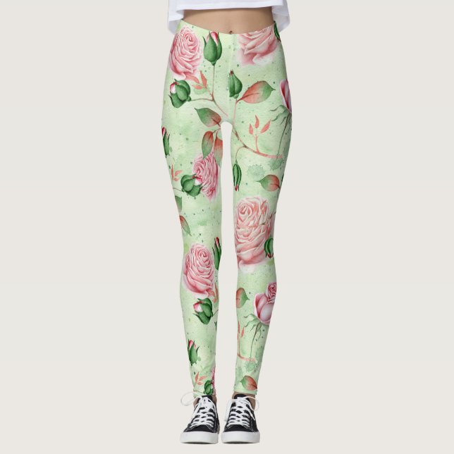 Vacker rosa och grön blomster  leggings (Framsida)