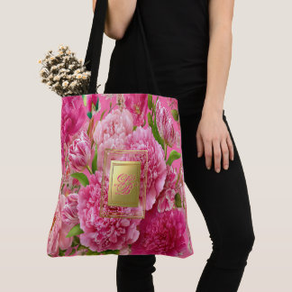 Vacker rosa och grön blomster monogram trädgård tygkasse