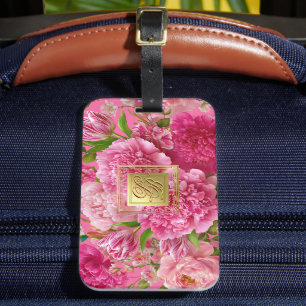 Vacker rosa och grön blomsterinitial bagagetikett Bagagebricka