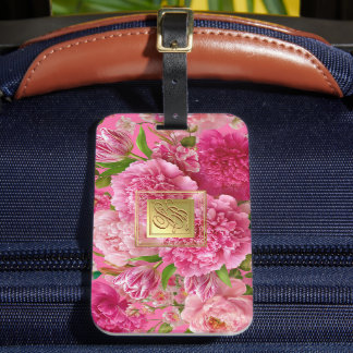 Vacker rosa och grön blomsterinitial bagagetikett Bagagebricka