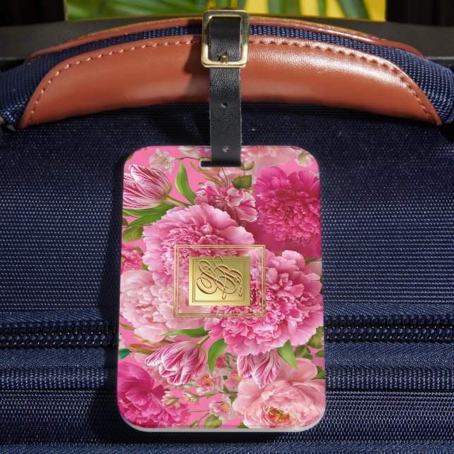  Vacker rosa och grön blomsterinitial bagagetikett Bagagebricka (Framsida Insitu 2)