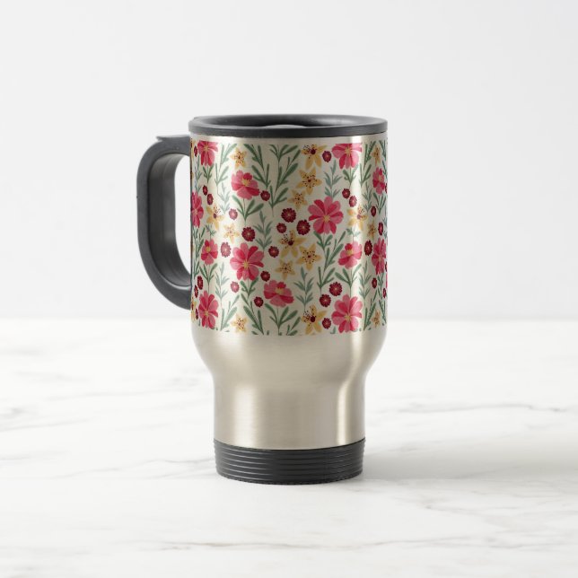 Vacker rosa och gul vintage blommig mönster resemugg (Framsida vänster)