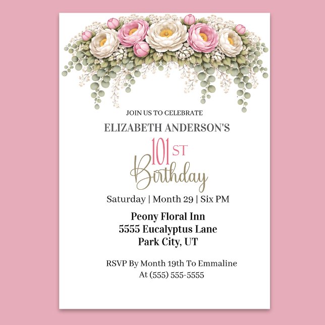 Vacker Rosa och Vit Peony 101-årsdag Inbjudningar (Elegant pink and white peony floral 101st birthday invitation)