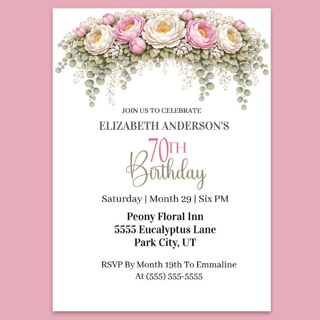 Vacker Rosa och Vit Pion 70-årsdag Inbjudningar (Elegant pink and white peony floral 70th birthday invitation)