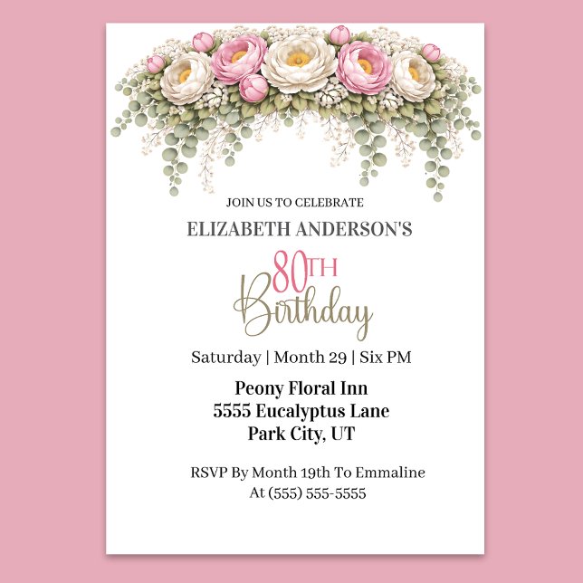 Vacker Rosa och Vit Pion 80-årsdag Inbjudningar (Elegant pink and white peony floral 80th birthday party invitation)