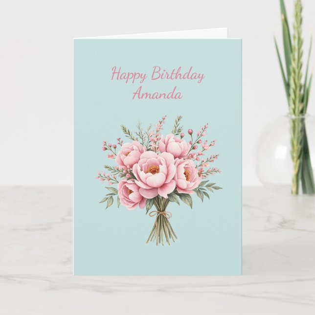 Vacker rosa peonblomsterbukett födelsedag kort (Framsida)