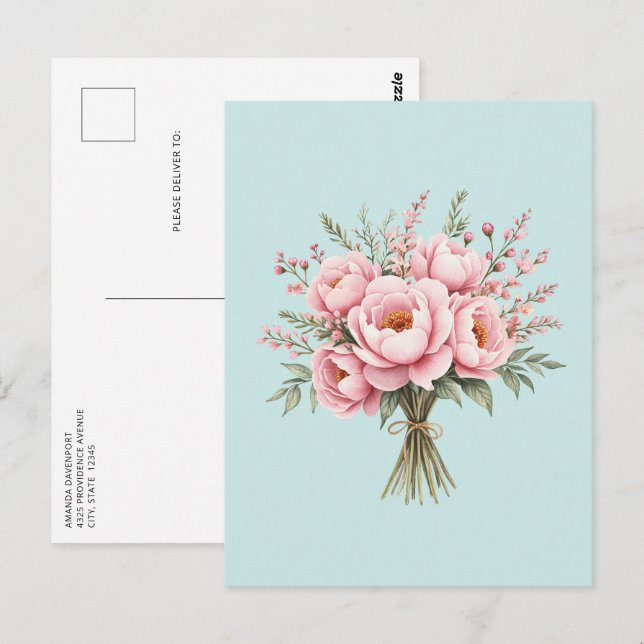 Vacker rosa peonblomsterbukett vykort (Fram/baksida)