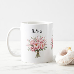 Vacker rosa peoniblombukett kaffemugg