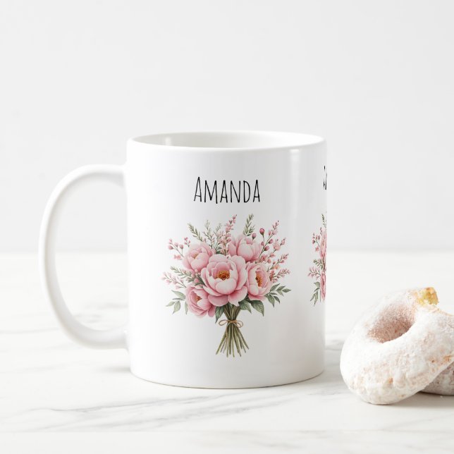 Vacker rosa peoniblombukett kaffemugg (Med munk)