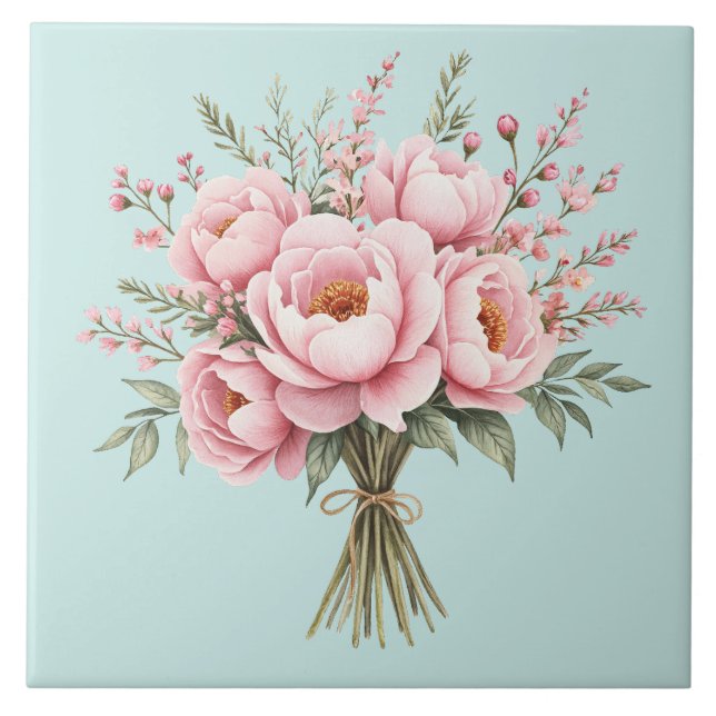 Vacker rosa peoniblombukett kakelplatta (Framsidan)