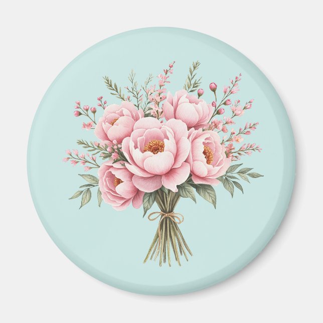 Vacker rosa peoniblombukett magnet (Framsidan)