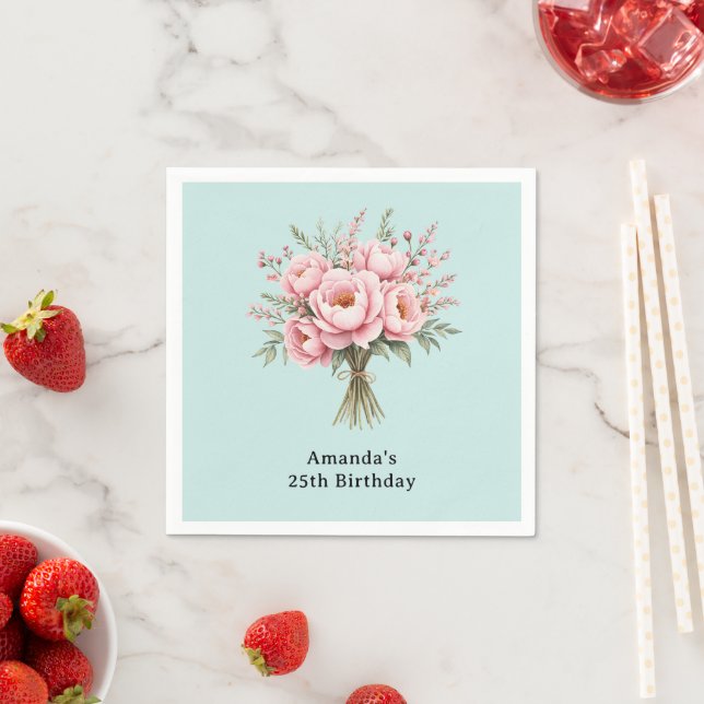 Vacker rosa peoniblommabukett födelsedag pappersservett (Insitu)
