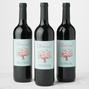 Vacker rosa peoniblommabukett Mors dag Vinflaska Etikett
