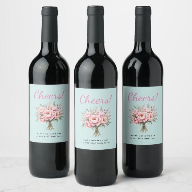 Vacker rosa peoniblommabukett Mors dag Vinflaska Etikett (Flaskor)