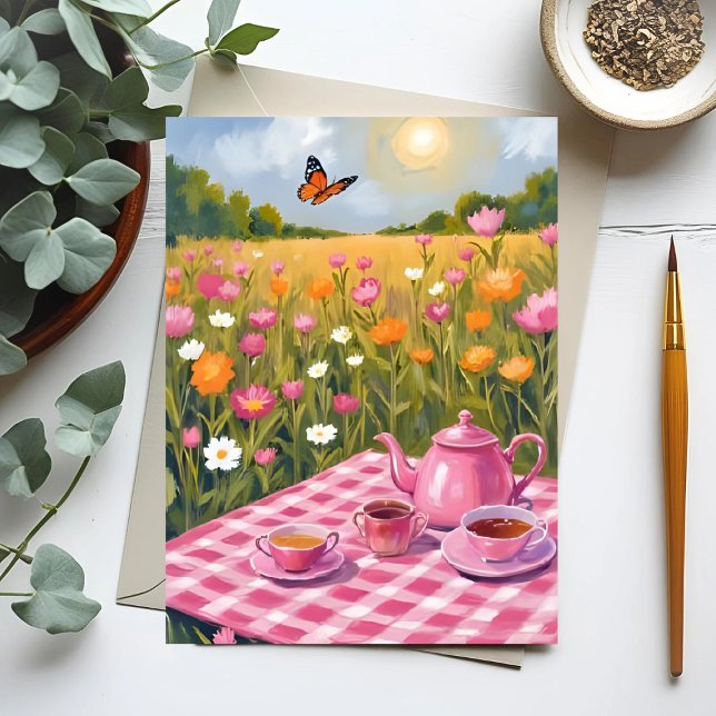 Vacker Rosa Picknick | Blomsterfält Téa Fjäril Vykort (Skapare uppladdad)