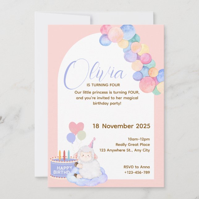 Vacker rosa prinsessebirthdaykort för litet barn inbjudningar (Framsida)