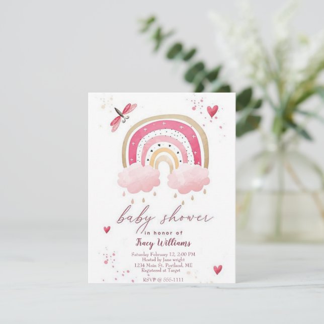 Vacker rosa regnbåge baby shower inbjudan (Stående Fram)