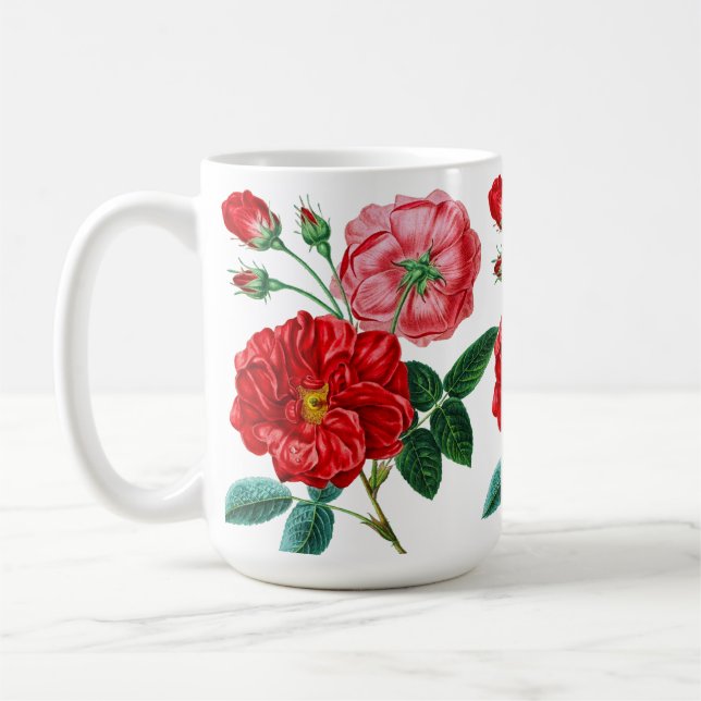 Vacker Rosa, Röda Blommigten Flowers Teckning Kaffemugg (Vänster)