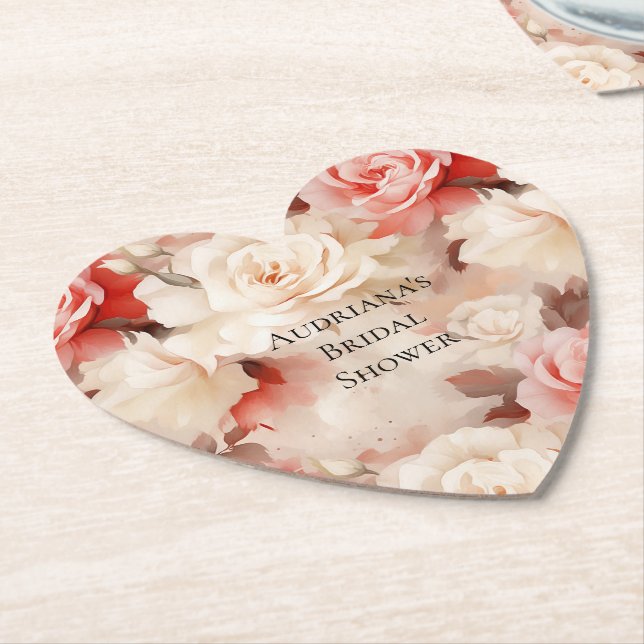 Vacker Rosa Rödfärgad Kräm Blommig Bröllopsdusch Underlägg Papper (Vinklad)