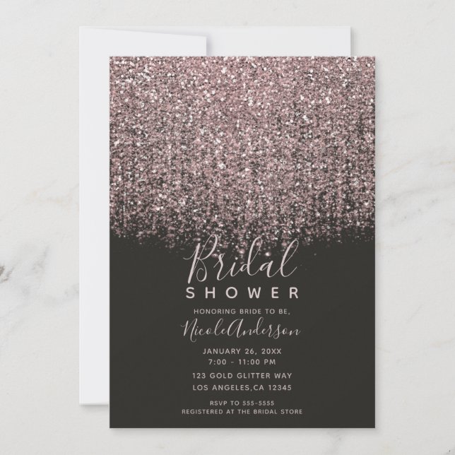 Vacker Rosa Rodnad Glitter Svart Bröllopsdusch Inbjudningar (Framsida)
