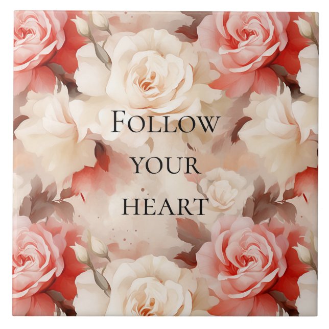 Vacker Rosa Rodnad Kräm Blommig Bröllopsdusch Kakelplatta (Framsidan)