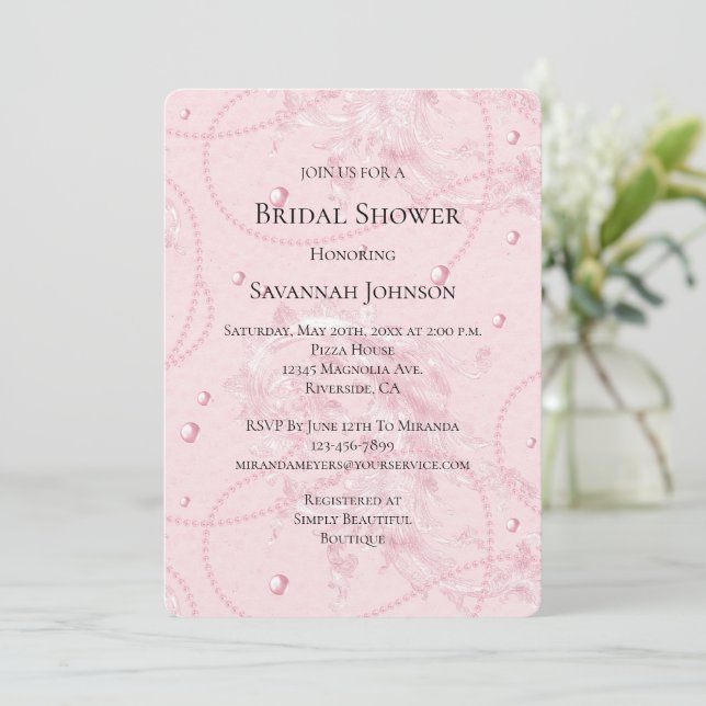 Vacker Rosa Rodnad Pärlor Elegant Bröllopsdusch Inbjudningar (Stående Fram)