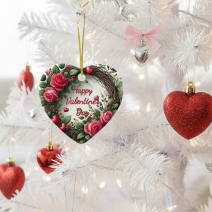 Vacker rosa ros Alla hjärtans dag hjärta Julgransprydnad Keramik