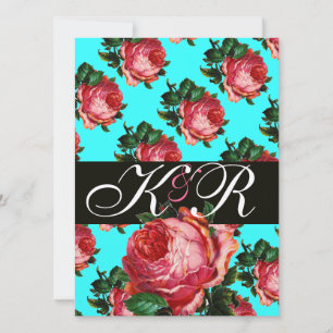 VACKER ROSA ROS AQUA BLÅ TEAL BLOMMSTER MONOGRAM INBJUDNINGAR