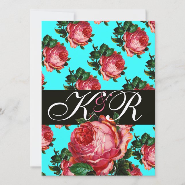 VACKER ROSA ROS AQUA BLÅ TEAL BLOMMSTER MONOGRAM INBJUDNINGAR (Framsida)