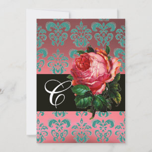 VACKER ROSA ROS  BLÅ SVART DAMASK MONOGRAM INBJUDNINGAR